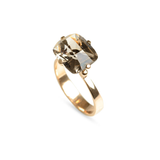 Vintage 9ct Gold Solitaire Statement Ring With Light Smoky Quartz Rectangular Cushion Cut Gemstone Size P US Size 7.5 (Code A586)