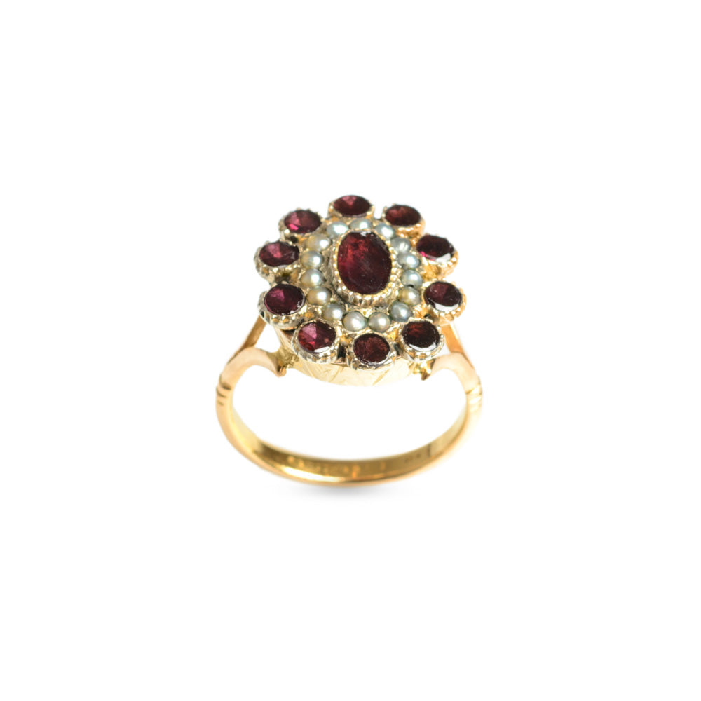Antique Georgian 22ct Gold Garnet & Seed Pearl Ring - Very Rare Size P1/2  (Code A589)