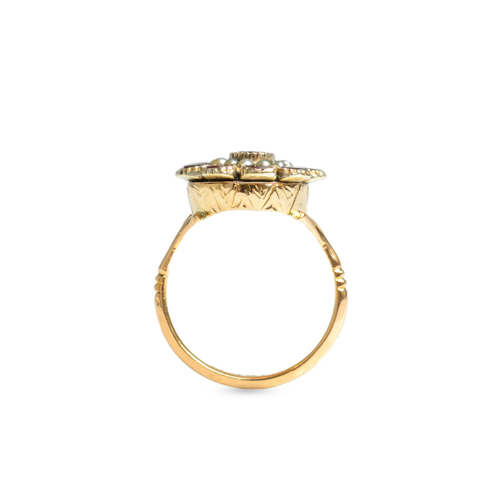 Antique Georgian 22ct Gold Garnet & Seed Pearl Ring - Very Rare Size P1/2  (Code A589)