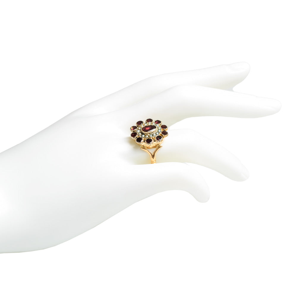 Antique Georgian 22ct Gold Garnet & Seed Pearl Ring - Very Rare Size P1/2  (Code A589)