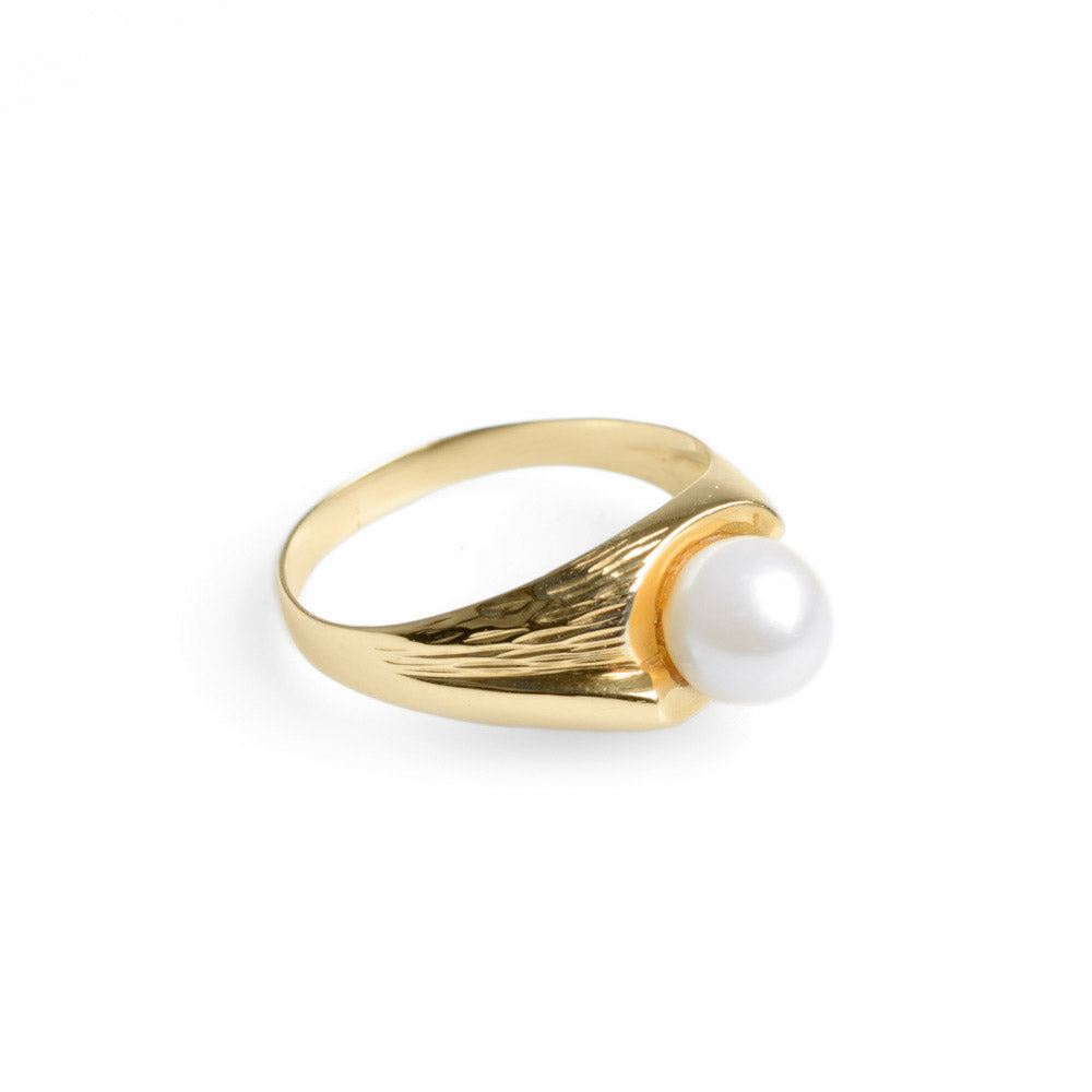 Vintage 9ct Yellow Gold & Cultured Pearl Ring Textured Band Ladies Size O  (Code A613)