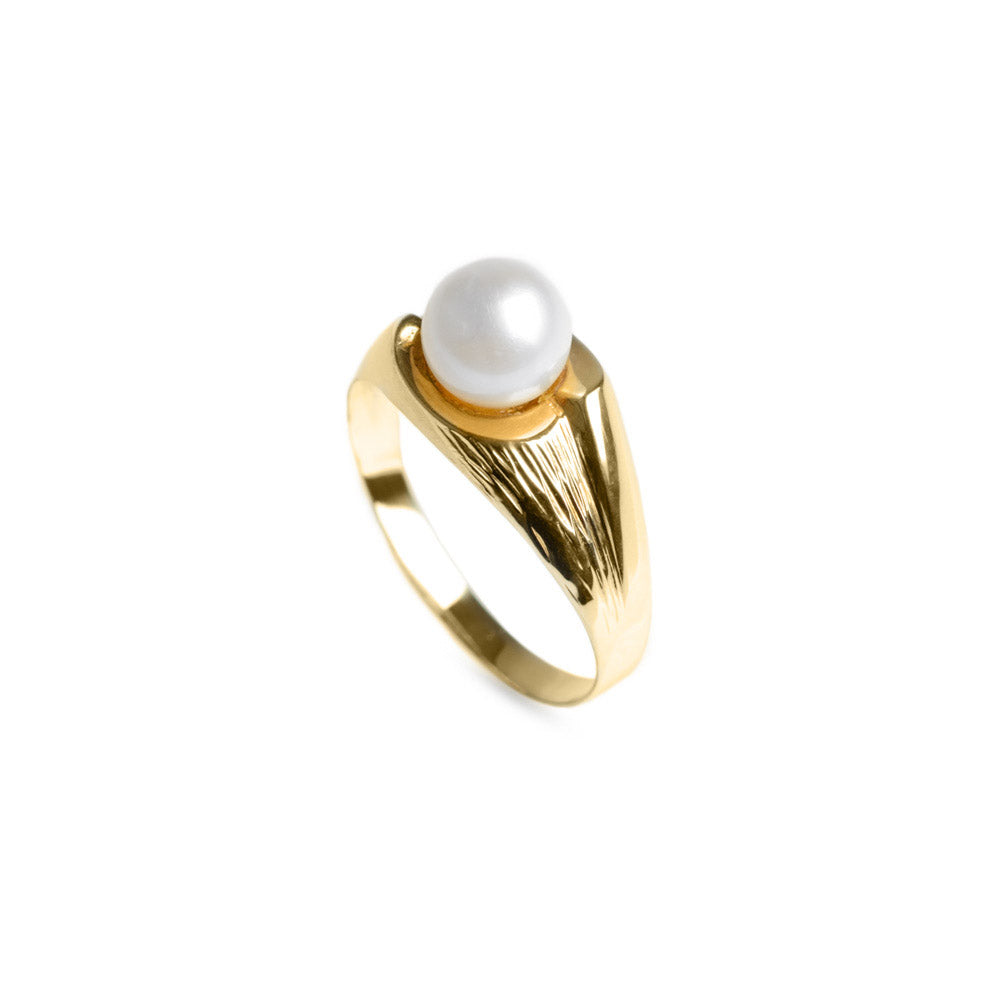 Vintage 9ct Yellow Gold & Cultured Pearl Ring Textured Band Ladies Size O  (Code A613)