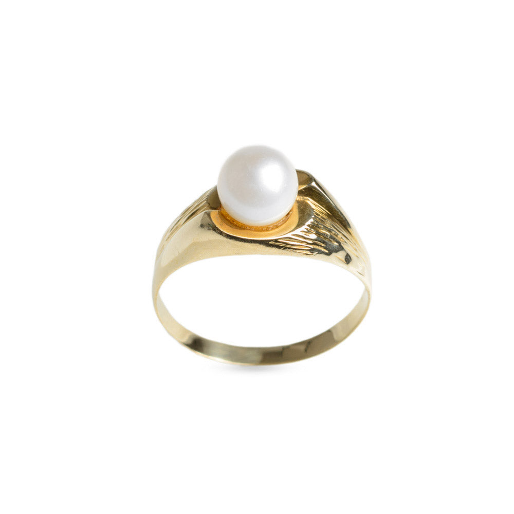 Vintage 9ct Yellow Gold & Cultured Pearl Ring Textured Band Ladies Size O  (Code A613)