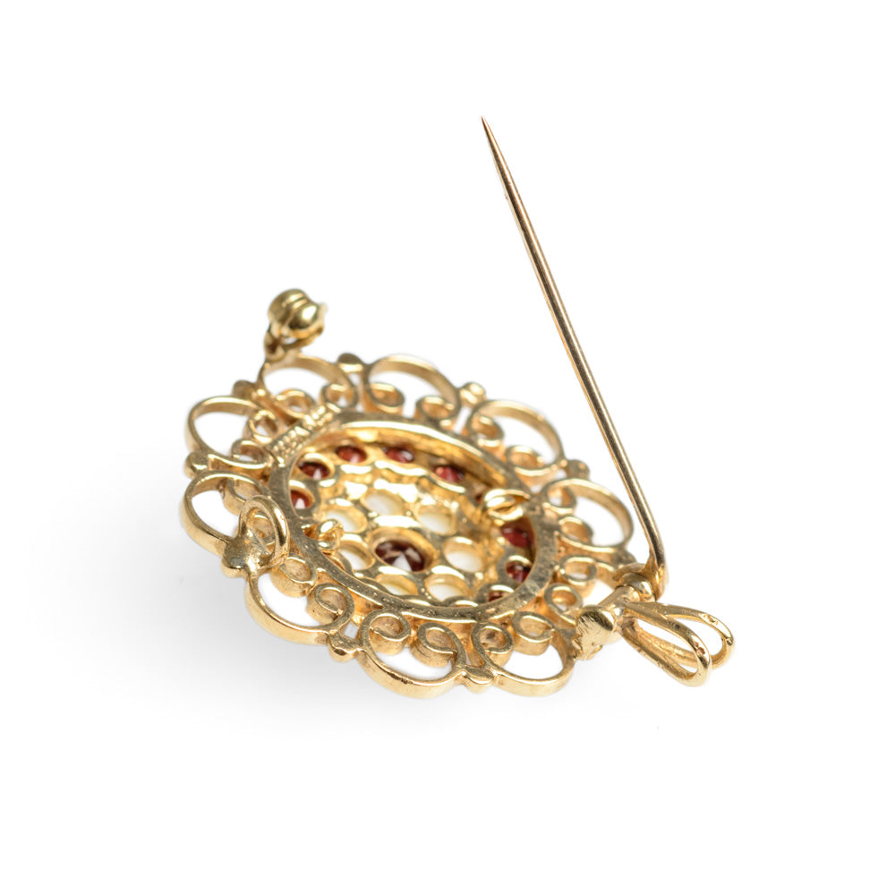 Vintage 9ct Gold Garnet & Seed Pearl Wire Work Brooch/Pendant By Zeeta  (Code A615)