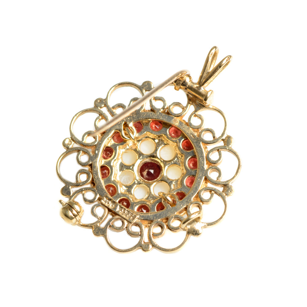 Vintage 9ct Gold Garnet & Seed Pearl Wire Work Brooch/Pendant By Zeeta  (Code A615)