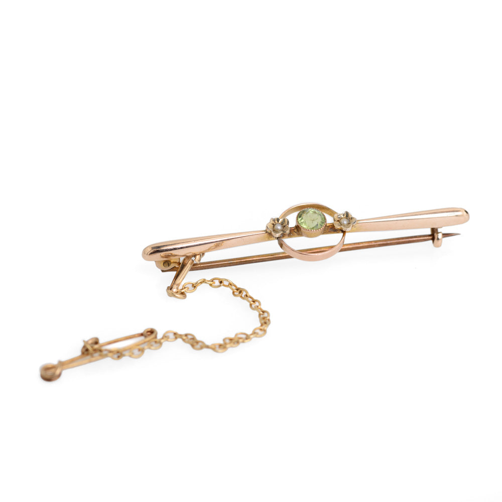 Antique 9ct Gold Art Deco Bar Brooch With Peridot & Seed Pearls  (Code A620)