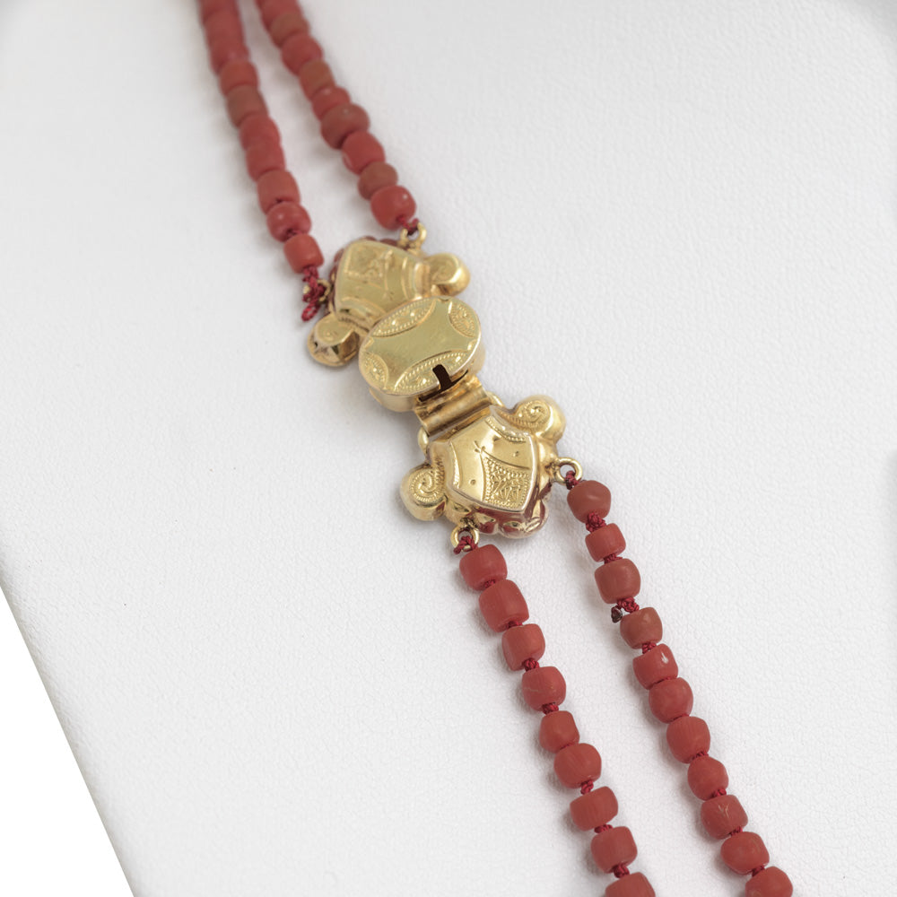 Vintage/Antique 18ct Gold & Hand Cut Red Coral Bead Double Strand Necklace  (Code A621)