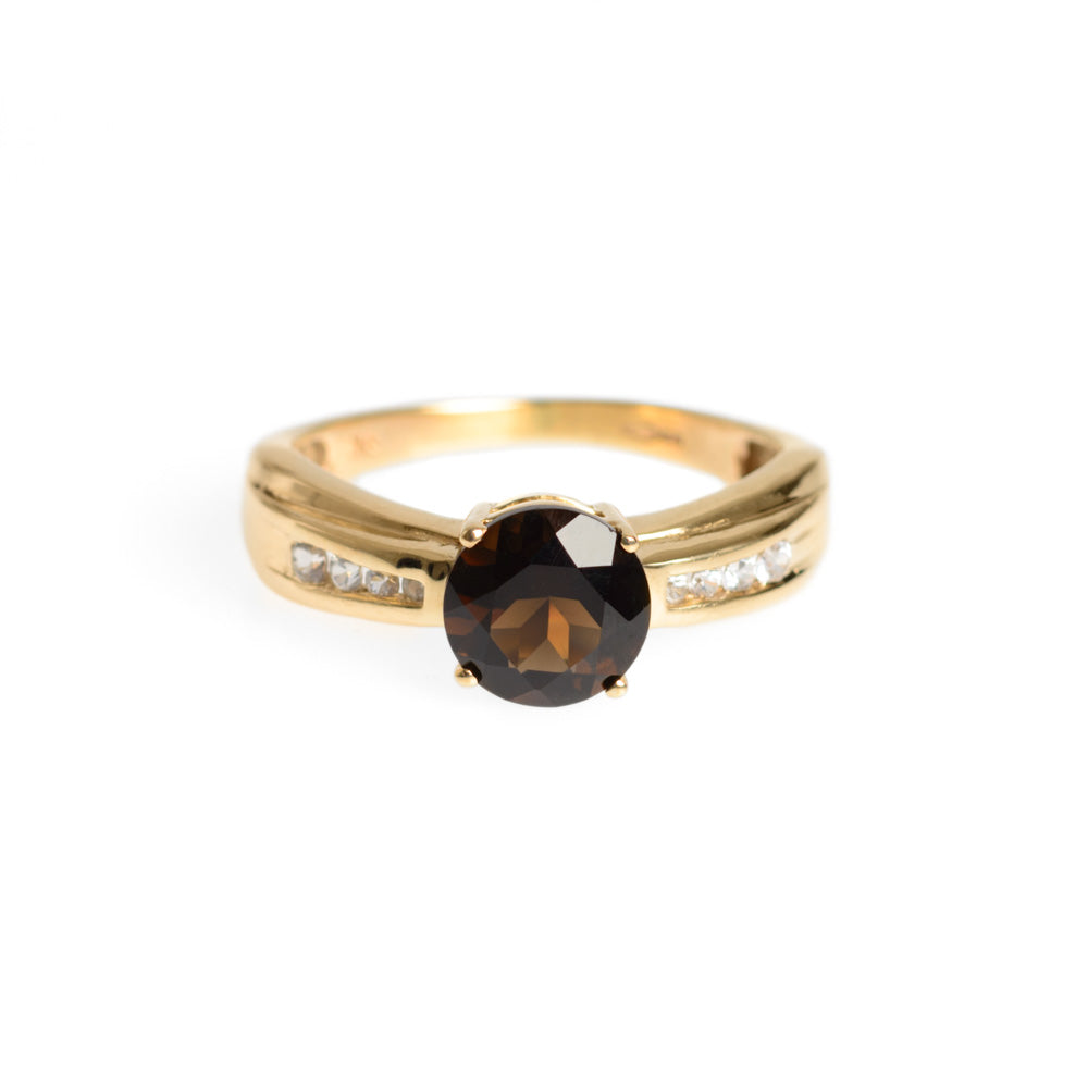 9ct Gold Smoky Quartz & White Topaz Ring Hallmarked London Assay Size M  (Code A627)