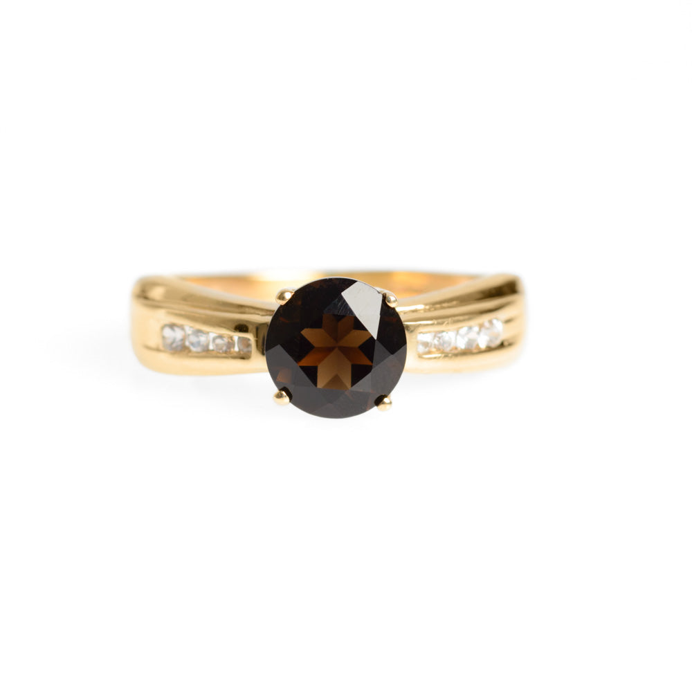 9ct Gold Smoky Quartz & White Topaz Ring Hallmarked London Assay Size M  (Code A627)