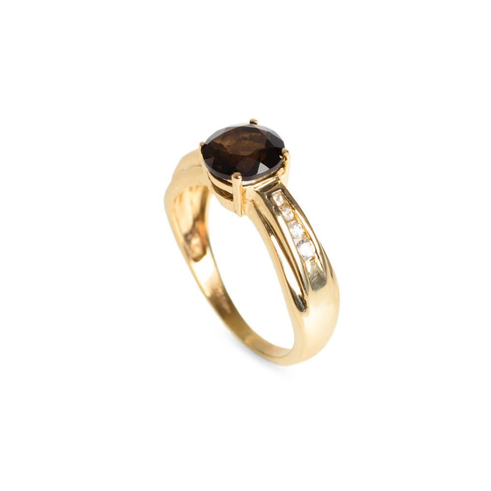 9ct Gold Smoky Quartz & White Topaz Ring Hallmarked London Assay Size M  (Code A627)
