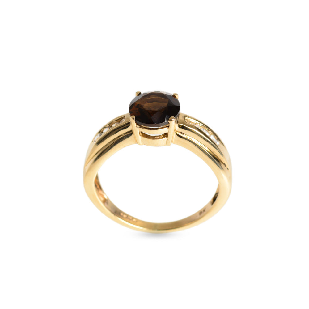 9ct Gold Smoky Quartz & White Topaz Ring Hallmarked London Assay Size M  (Code A627)