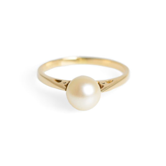 Vintage 9ct Gold & Cultured Pearl Solitaire Ring With Pierced Shoulders Size N (Code A637)