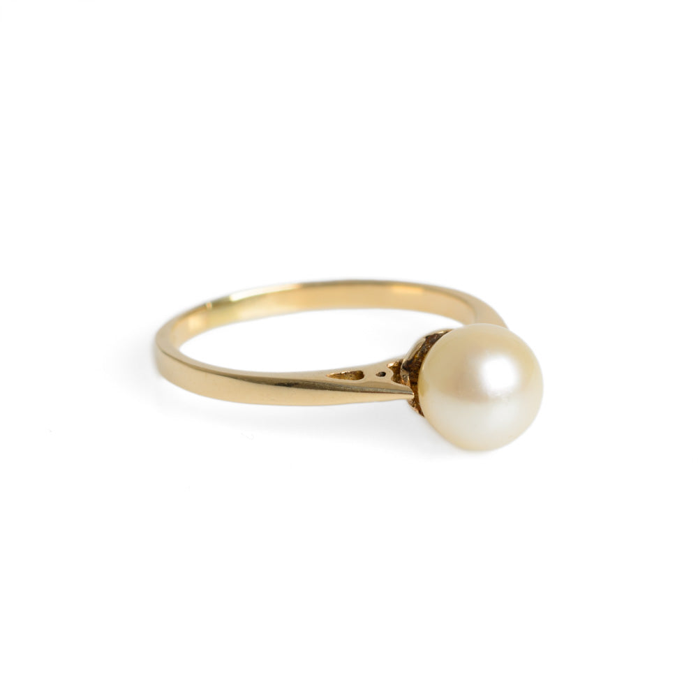 Vintage 9ct Gold & Cultured Pearl Solitaire Ring With Pierced Shoulders Size N (Code A637)