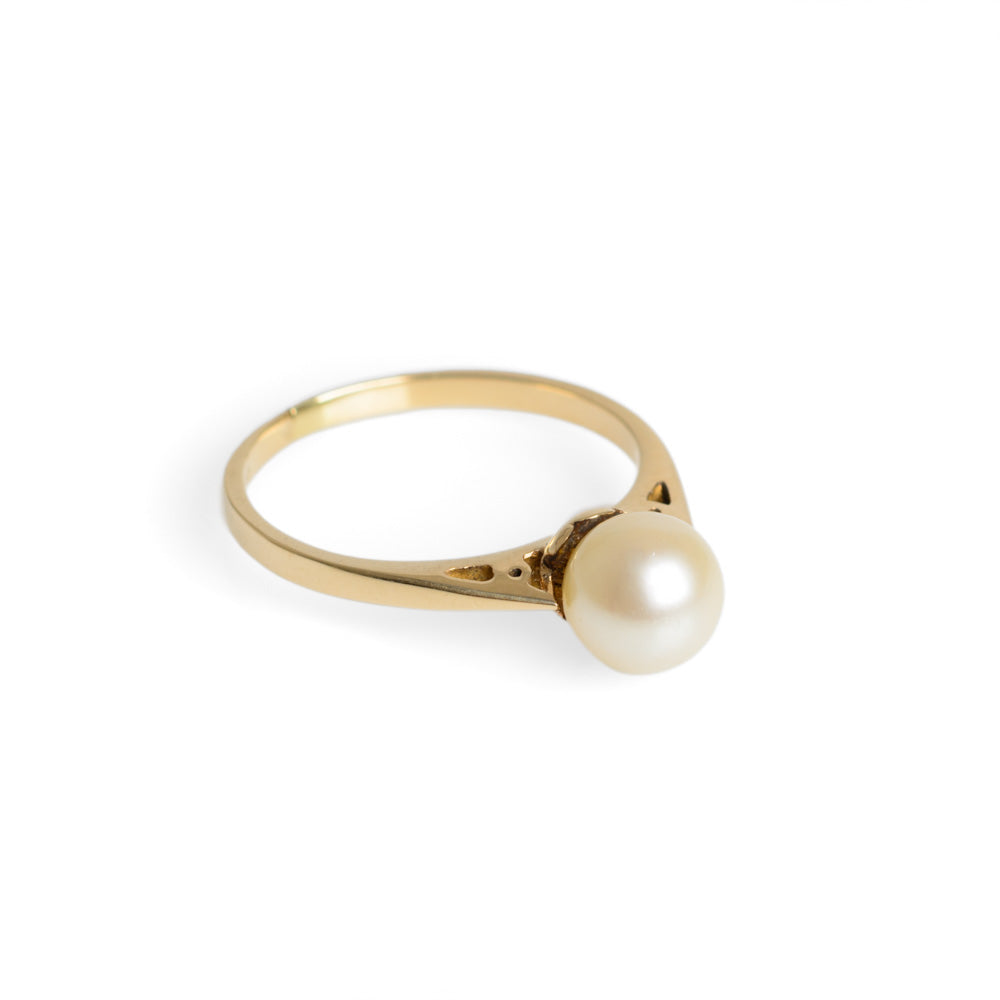Vintage 9ct Gold & Cultured Pearl Solitaire Ring With Pierced Shoulders Size N (Code A637)