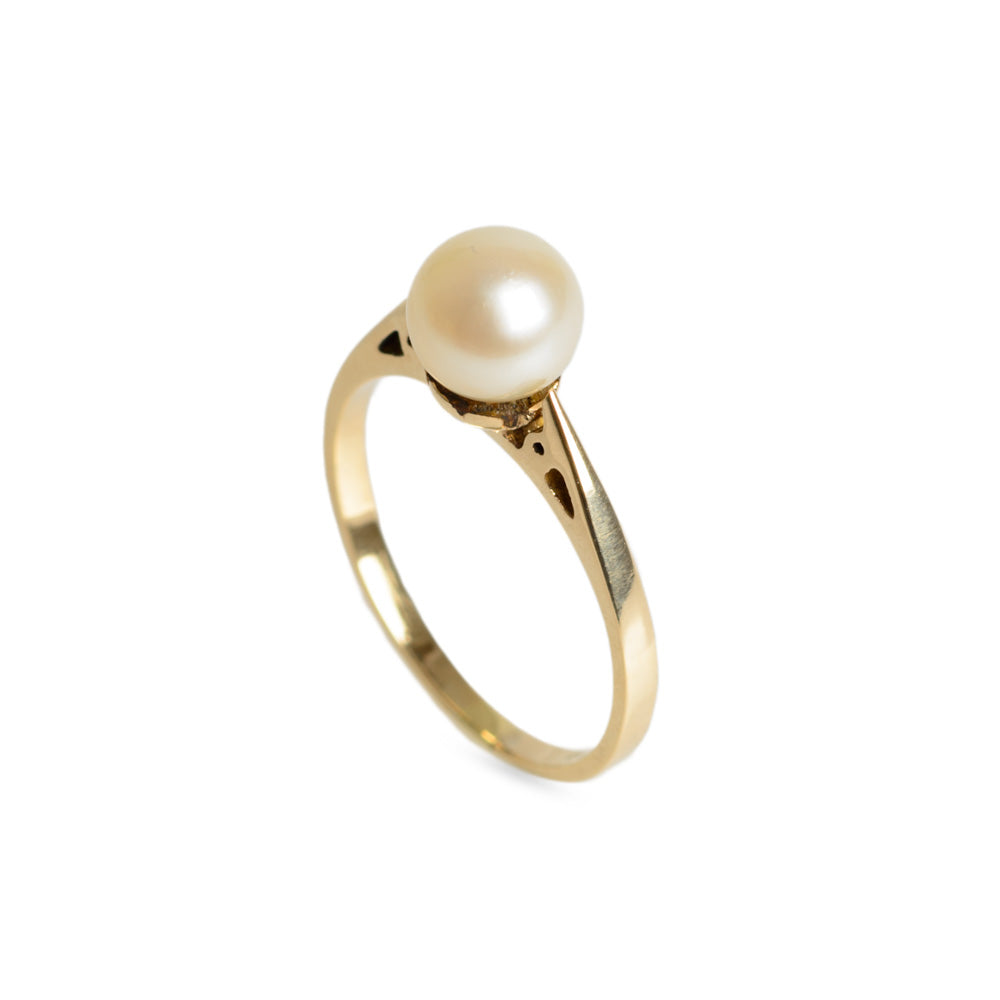Vintage 9ct Gold & Cultured Pearl Solitaire Ring With Pierced Shoulders Size N (Code A637)