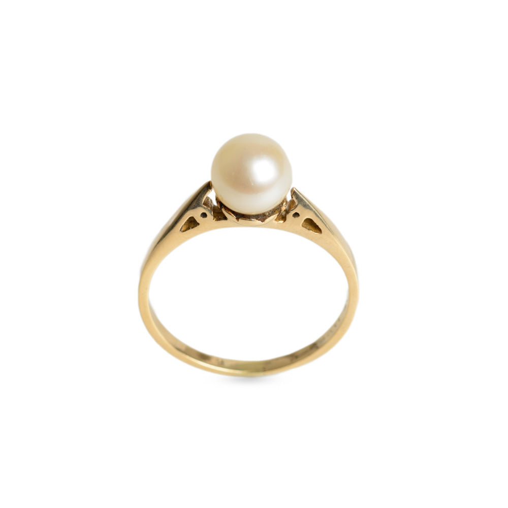 Vintage 9ct Gold & Cultured Pearl Solitaire Ring With Pierced Shoulders Size N (Code A637)