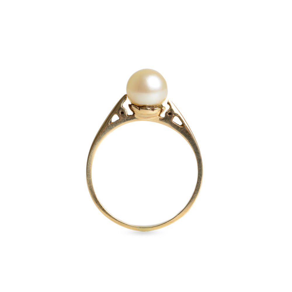Vintage 9ct Gold & Cultured Pearl Solitaire Ring With Pierced Shoulders Size N (Code A637)
