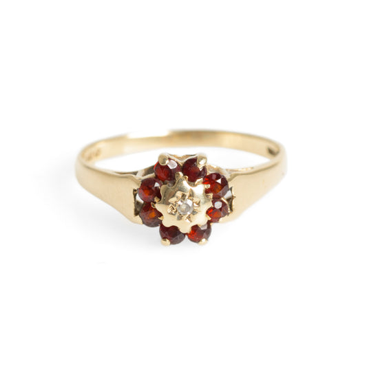 Vintage 9ct Gold Diamond & Red Glass Stones Cluster Ring Hallmarked B'ham 1981 (Code A651)