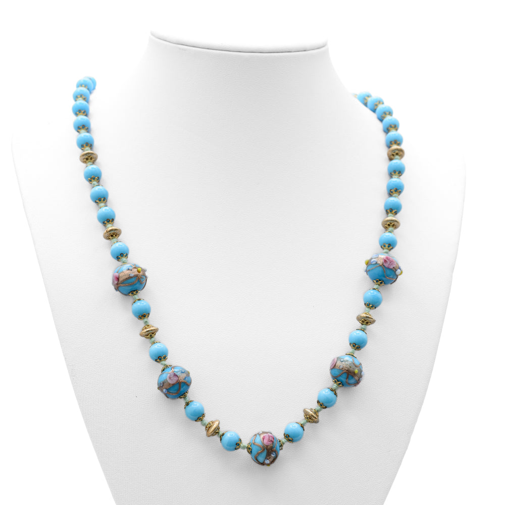Vintage Murano Wedding Cake Glass Bead Blue Necklace With Aventurine Decoration (Code A666)