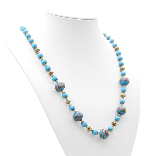 Vintage Murano Wedding Cake Glass Bead Blue Necklace With Aventurine Decoration (Code A666)