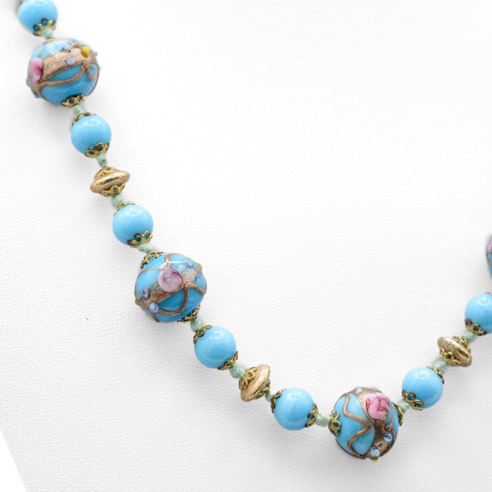 Vintage Murano Wedding Cake Glass Bead Blue Necklace With Aventurine Decoration (Code A666)