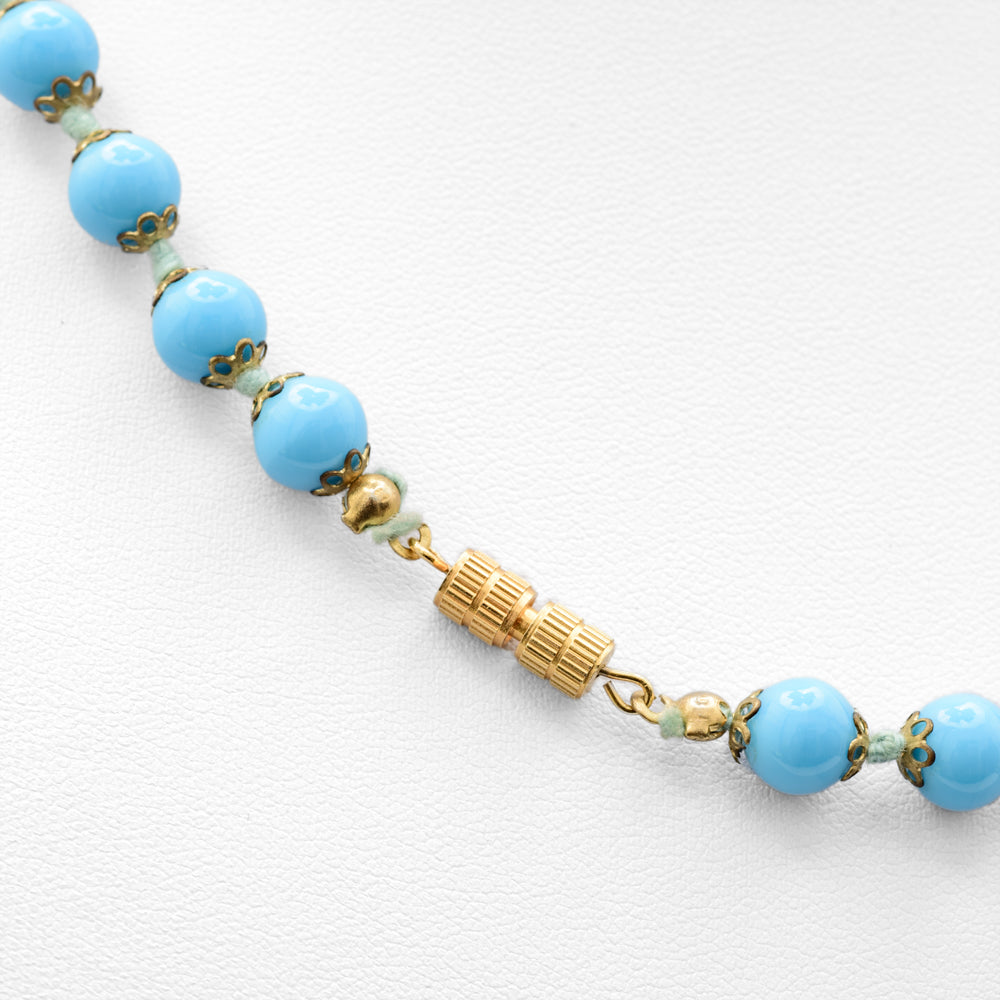 Vintage Murano Wedding Cake Glass Bead Blue Necklace With Aventurine Decoration (Code A666)
