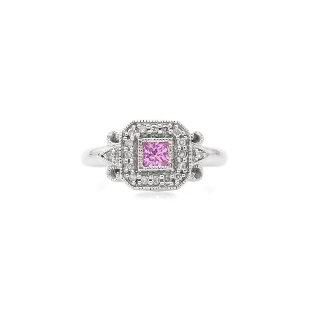 Vintage 9ct White Gold Pink Topaz Diamonds Square Cluster Ring