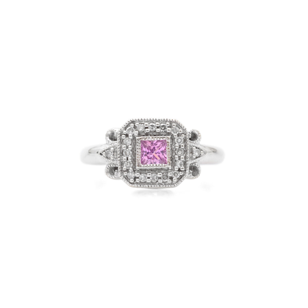 Vintage 9ct White Gold Pink Topaz & Diamonds Square Cluster Ring Size I  (Code A671)
