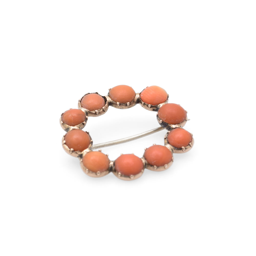 Georgian Coral and 9ct Gold Brooch / Pin Open Ring Design - Antique Estate Jewelry  (Code A674)