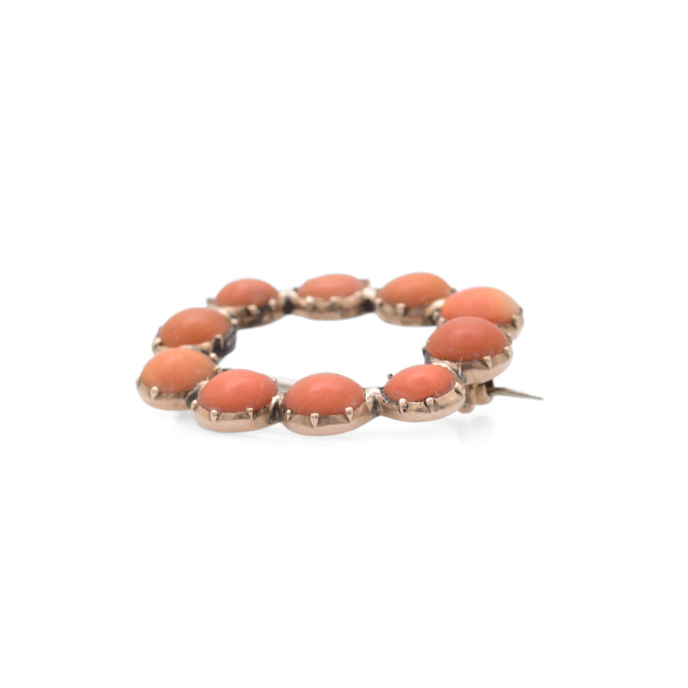 Georgian Coral and 9ct Gold Brooch / Pin Open Ring Design - Antique Estate Jewelry  (Code A674)