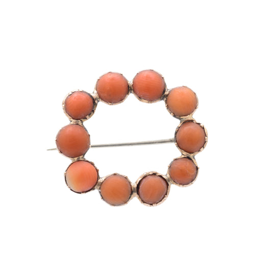 Georgian Coral and 9ct Gold Brooch / Pin Open Ring Design - Antique Estate Jewelry  (Code A674)