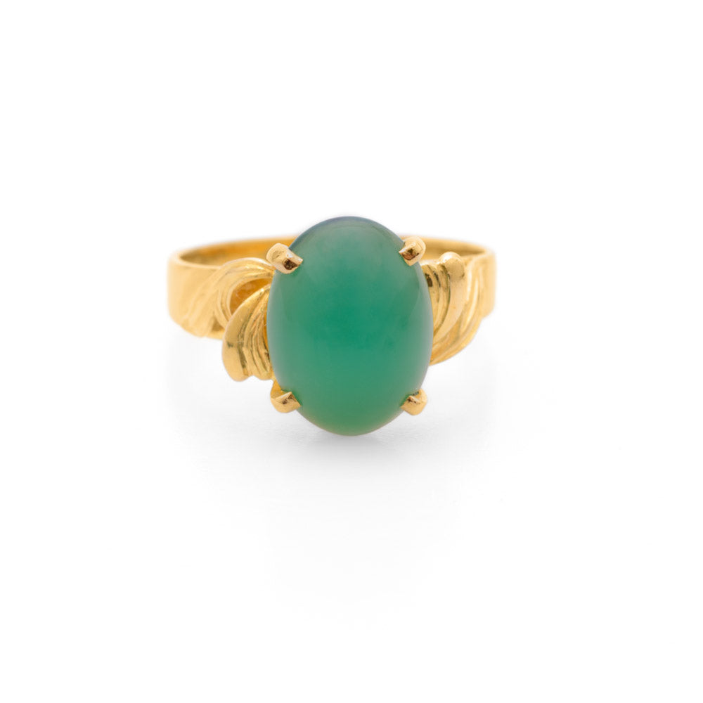 Vintage 23K Yellow Gold & Green Chrysoprase Cabochon Ring Size M1/2  (Code A680)