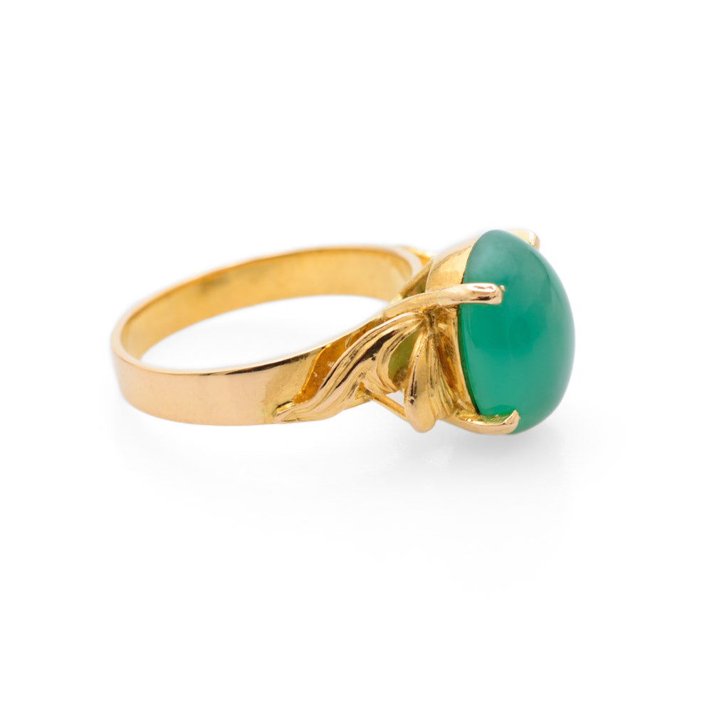 Vintage 23K Yellow Gold & Green Chrysoprase Cabochon Ring Size M1/2  (Code A680)