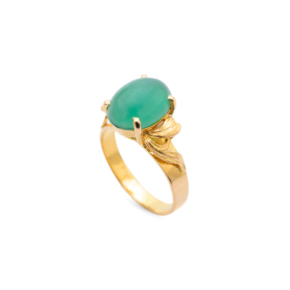 Vintage 23K Yellow Gold & Green Chrysoprase Cabochon Ring Size M1/2  (Code A680)