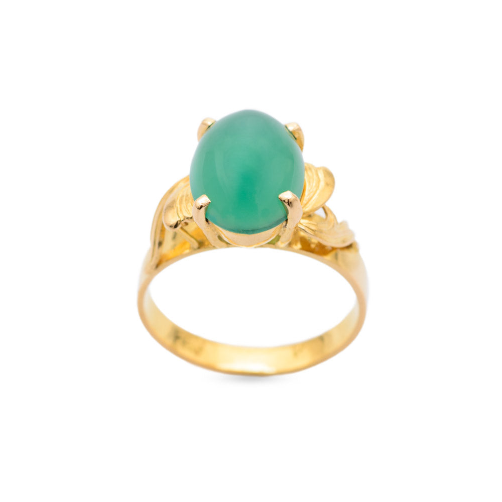 Vintage 23K Yellow Gold & Green Chrysoprase Cabochon Ring Size M1/2  (Code A680)