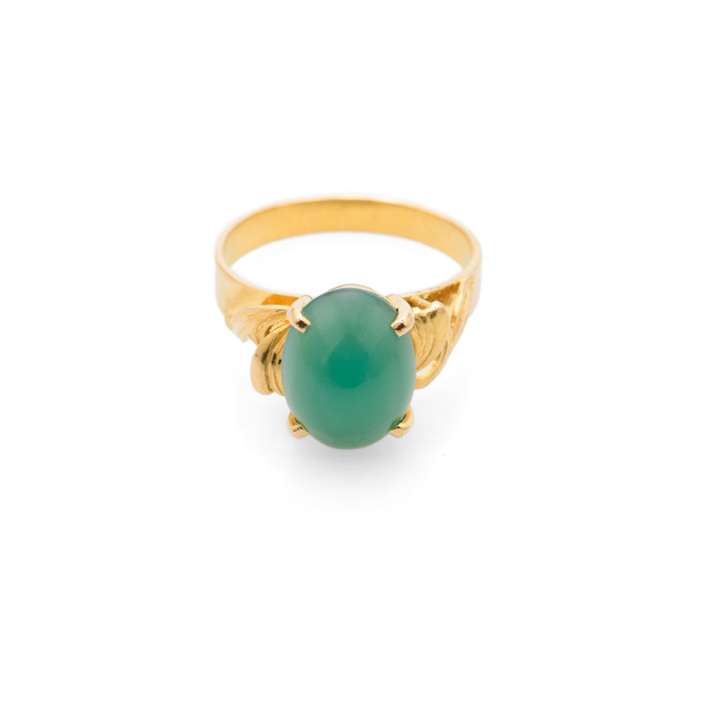 Vintage 23K Yellow Gold & Green Chrysoprase Cabochon Ring Size M1/2  (Code A680)