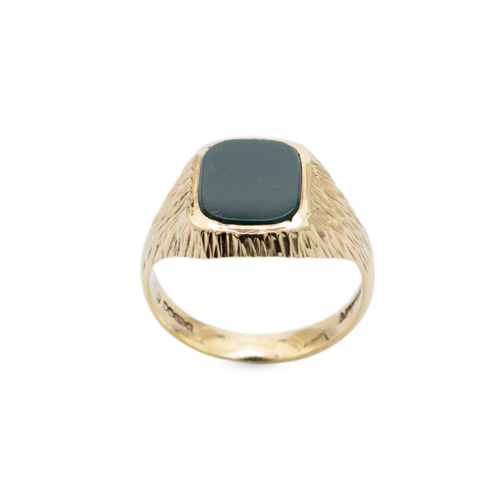 Vintage Mens 9ct Gold & Bloodstone Signet Ring With Bark Texture Sheffield 1975  (Code A684)