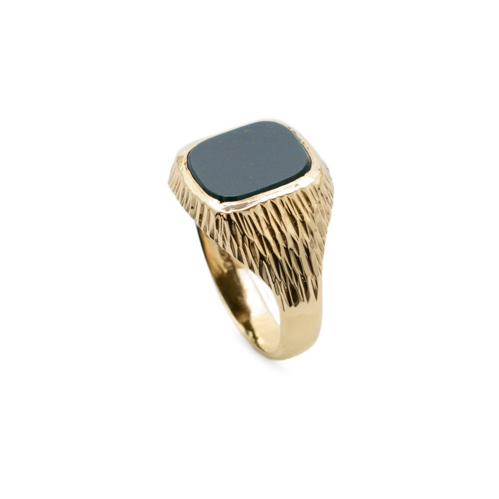 Vintage Mens 9ct Gold & Bloodstone Signet Ring With Bark Texture Sheffield 1975  (Code A684)