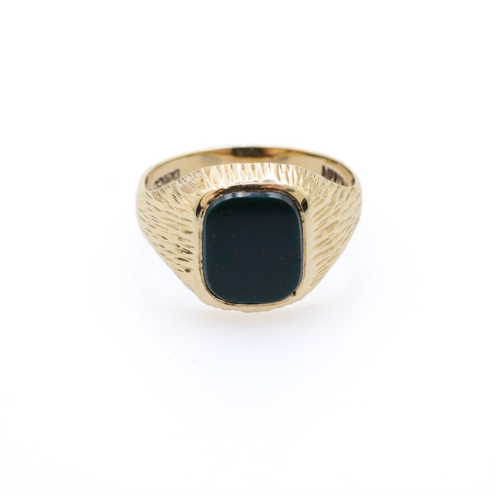Vintage Mens 9ct Gold & Bloodstone Signet Ring With Bark Texture Sheffield 1975  (Code A684)