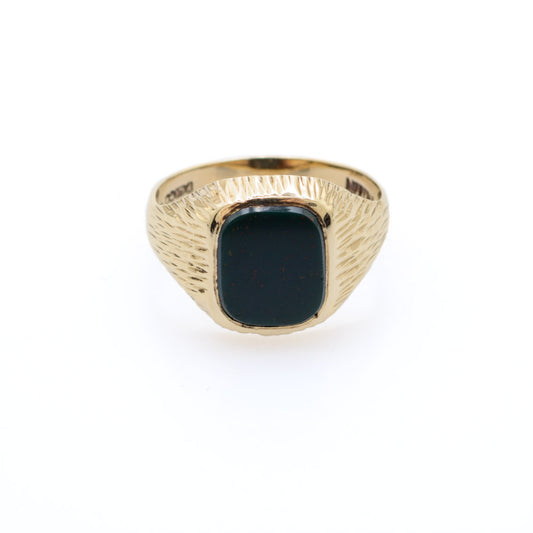 Vintage Mens 9ct Gold & Bloodstone Signet Ring With Bark Texture Sheffield 1975  (Code A684)