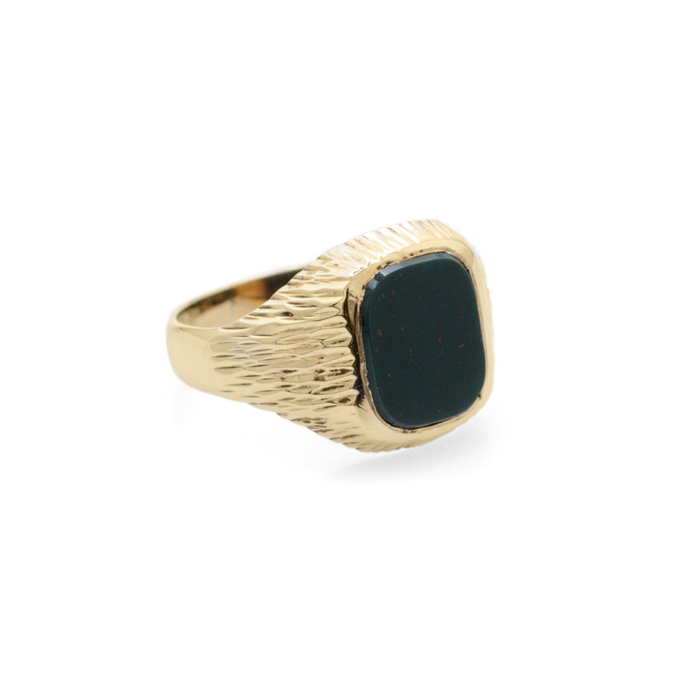 Vintage Mens 9ct Gold & Bloodstone Signet Ring With Bark Texture Sheffield 1975  (Code A684)