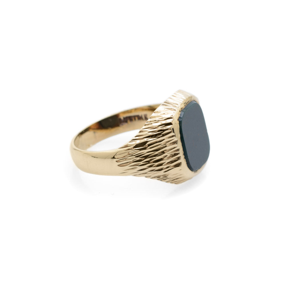 Vintage Mens 9ct Gold & Bloodstone Signet Ring With Bark Texture Sheffield 1975  (Code A684)