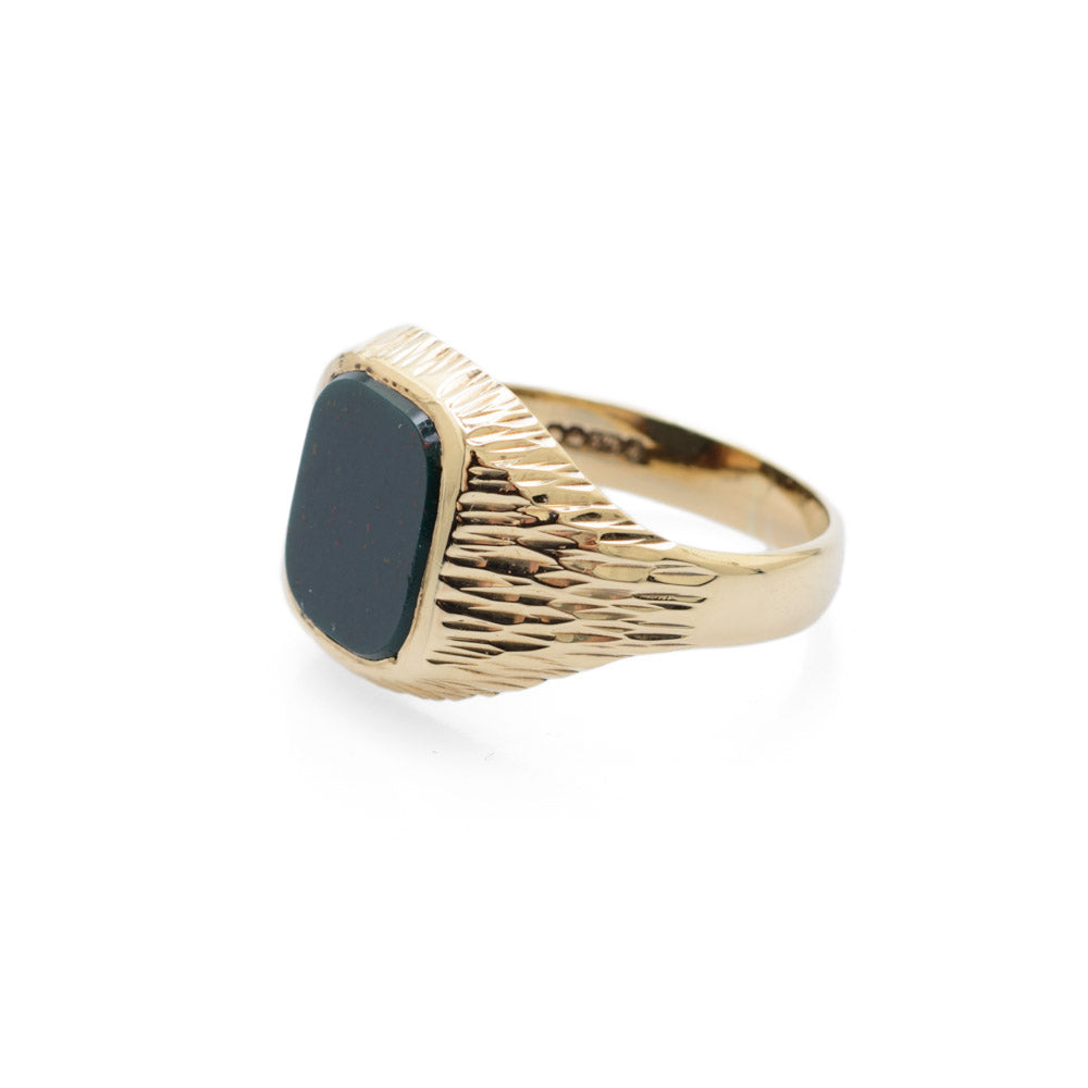 Vintage Mens 9ct Gold & Bloodstone Signet Ring With Bark Texture Sheffield 1975  (Code A684)