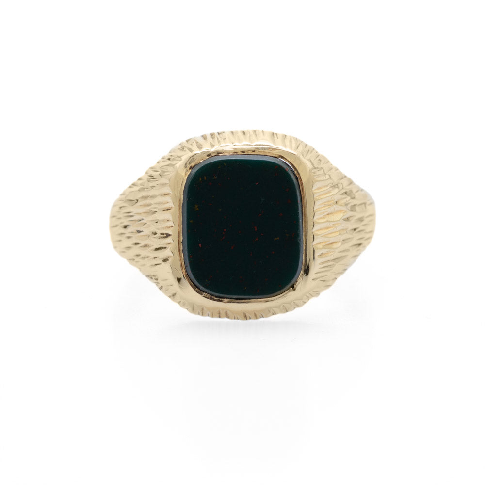 Vintage Mens 9ct Gold & Bloodstone Signet Ring With Bark Texture Sheffield 1975  (Code A684)