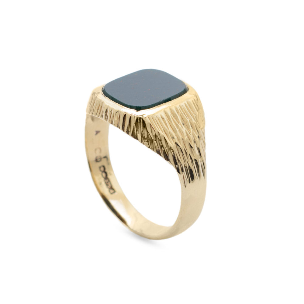 Vintage Mens 9ct Gold & Bloodstone Signet Ring With Bark Texture Sheffield 1975  (Code A684)