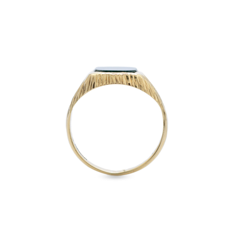 Vintage Mens 9ct Gold & Bloodstone Signet Ring With Bark Texture Sheffield 1975  (Code A684)