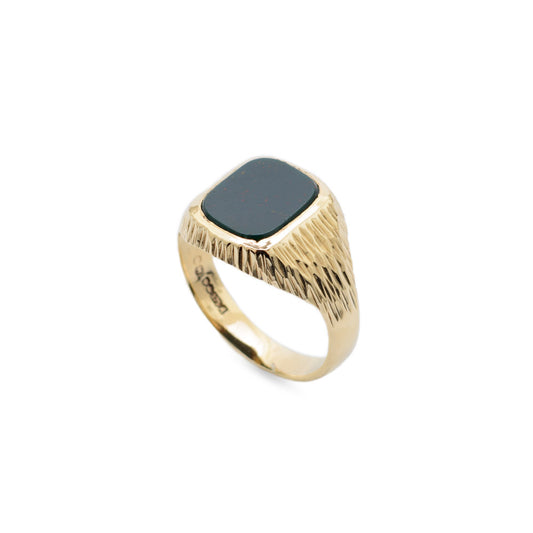 Vintage Mens 9ct Gold & Bloodstone Signet Ring With Bark Texture Sheffield 1975 (Code A684)