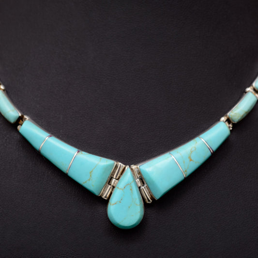 Vintage Mexican 950 Silver & Turquoise With Tan Matrix Cabochons Choker Necklace (Code A687)