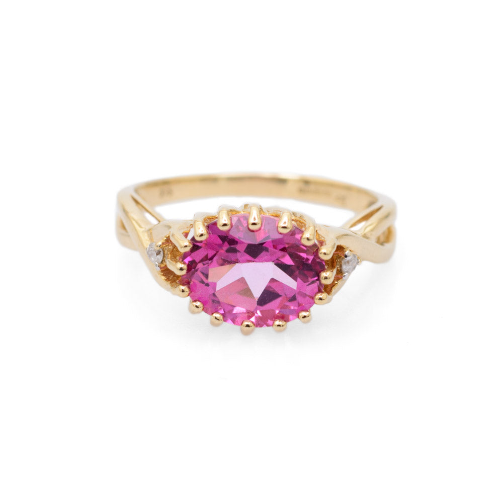 9ct Gold Pink Topaz Ring With Diamond Accents Hallmarked B'ham 2008 Size N  (Code A691)