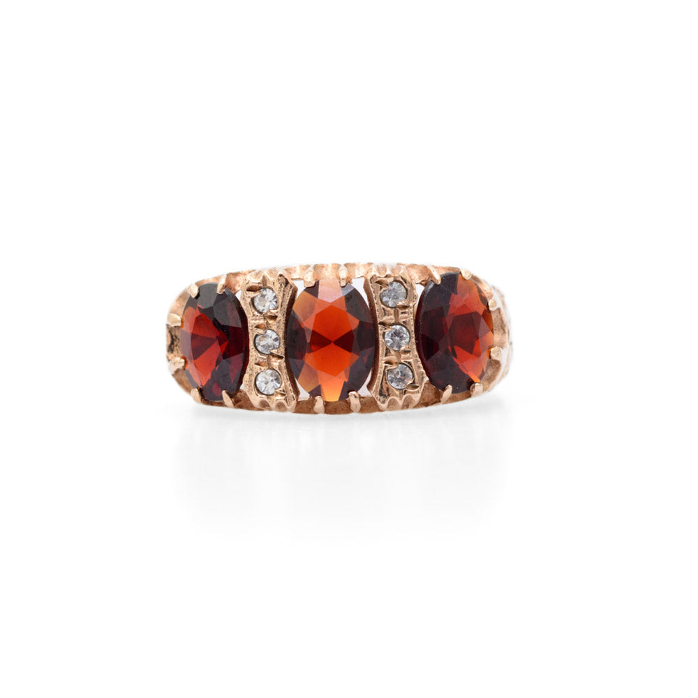Vintage 9ct Gold Ring Victorian Design With Large Garnets & White Topaz Accents (Code A699)